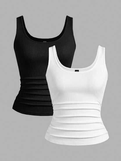 Slaydiva Multi-Pack Basic Slip Cami Top, Narrow Ribbed V-Neck Tank For Women, Black & White, Casual