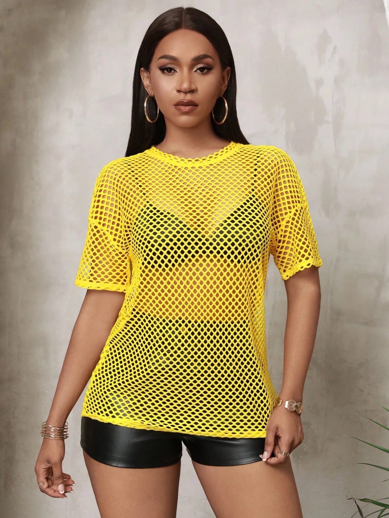 Slaydiva Music Festival Black Versatile Sexy Casual Loose Mesh Crochet Women's Short Sleeved T-Shirt Top