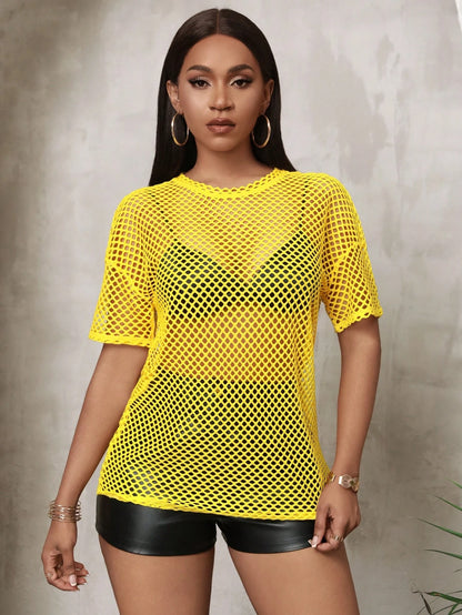 Slaydiva Music Festival Black Versatile Sexy Casual Loose Mesh Crochet Women's Short Sleeved T-Shirt Top