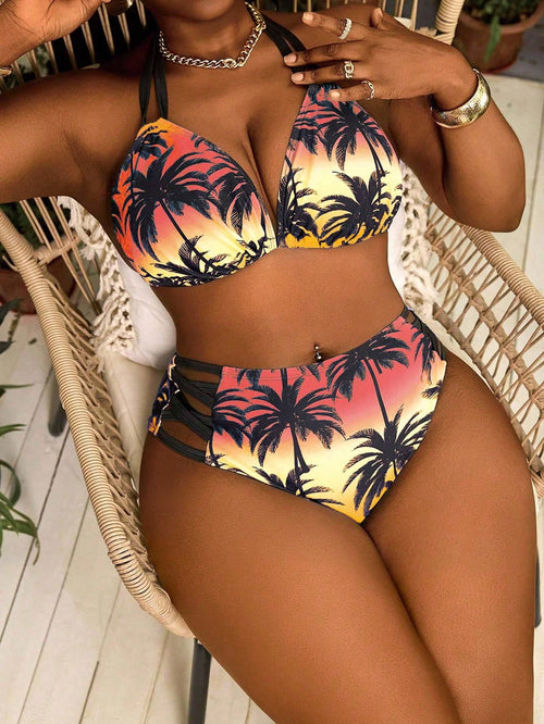 Slaydiva Plus Size 2-Piece Printed Strappy Sexy Bikini Set, Suitable For Summer Beach Wear