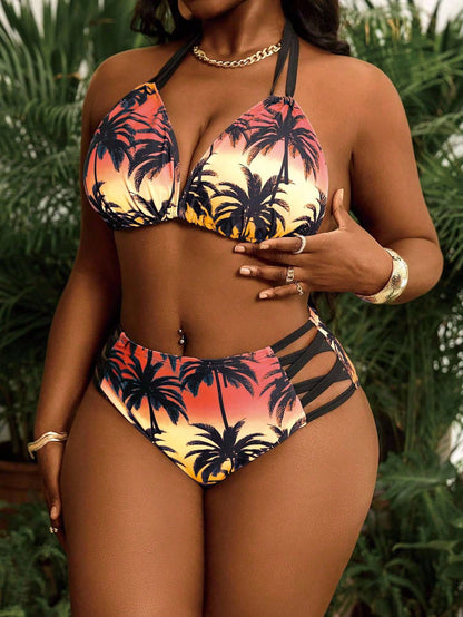 Slaydiva Plus Size 2-Piece Printed Strappy Sexy Bikini Set, Suitable For Summer Beach Wear