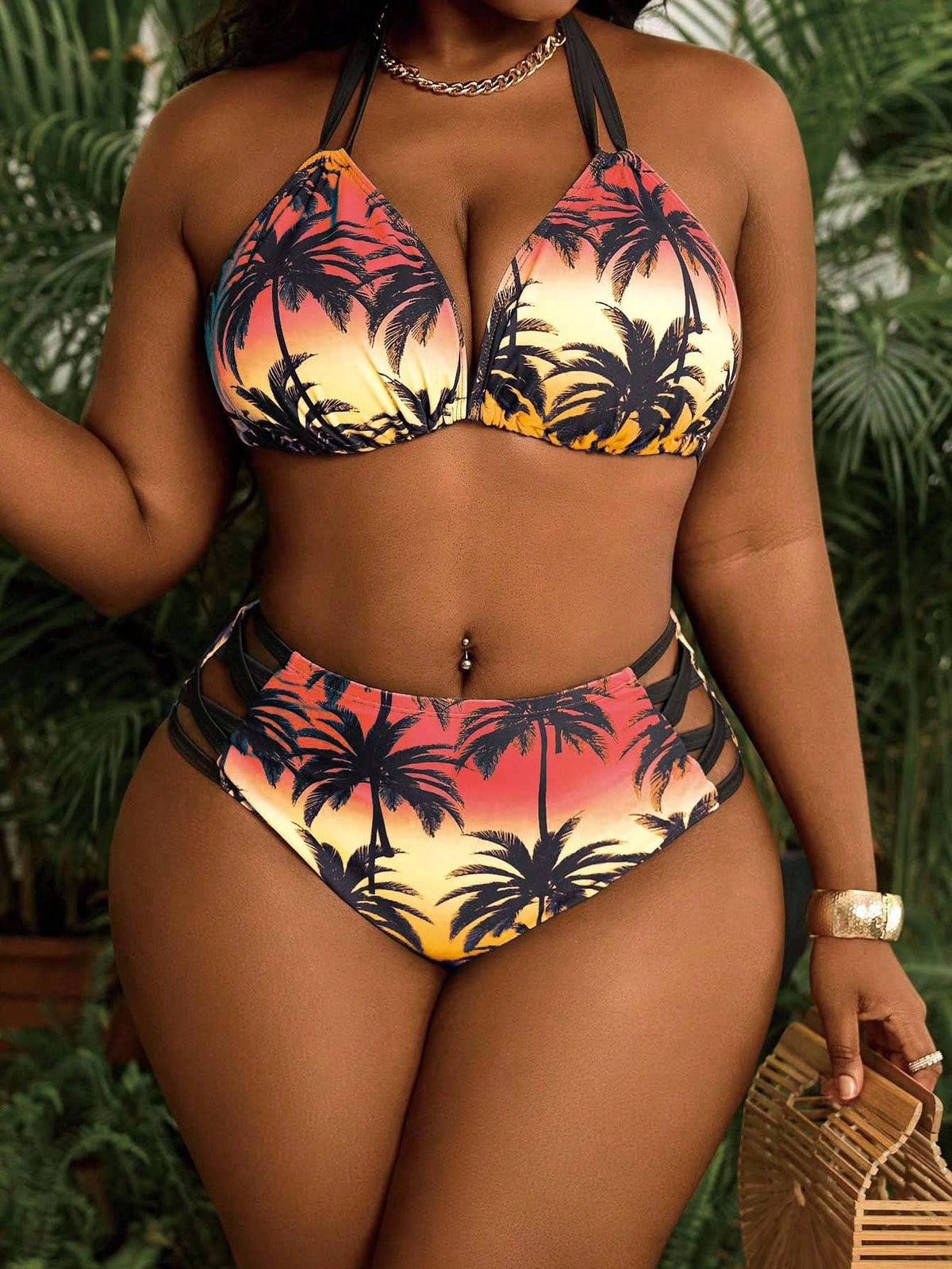 Slaydiva Plus Size 2-Piece Printed Strappy Sexy Bikini Set, Suitable For Summer Beach Wear