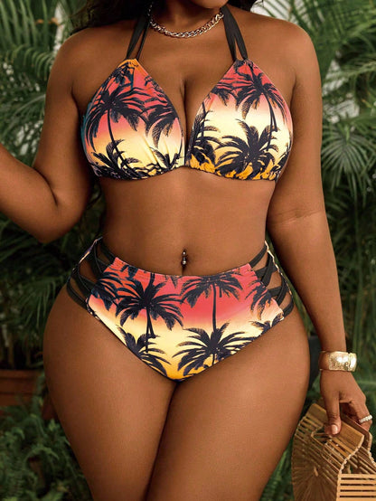 Slaydiva Plus Size 2-Piece Printed Strappy Sexy Bikini Set, Suitable For Summer Beach Wear
