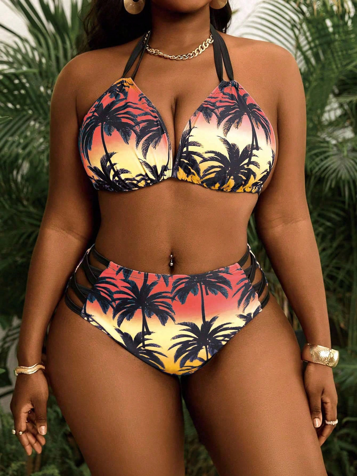 Slaydiva Plus Size 2-Piece Printed Strappy Sexy Bikini Set, Suitable For Summer Beach Wear