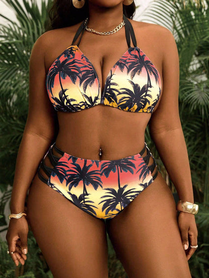 Slaydiva Plus Size 2-Piece Printed Strappy Sexy Bikini Set, Suitable For Summer Beach Wear