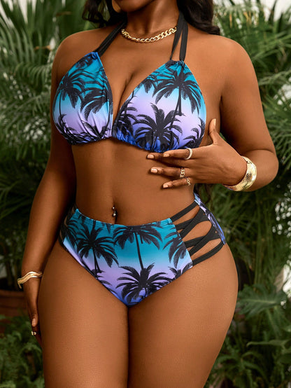 Slaydiva Plus Size 2-Piece Printed Strappy Sexy Bikini Set, Suitable For Summer Beach Wear