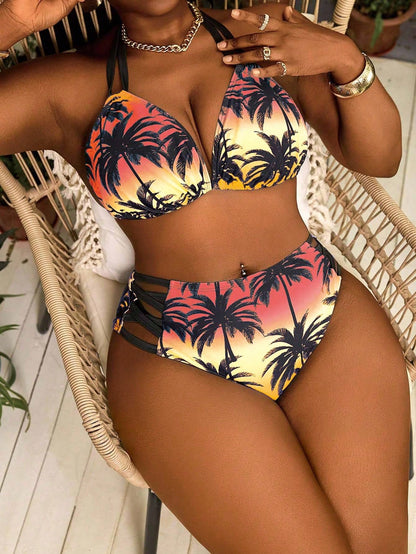 Slaydiva Plus Size 2-Piece Printed Strappy Sexy Bikini Set, Suitable For Summer Beach Wear