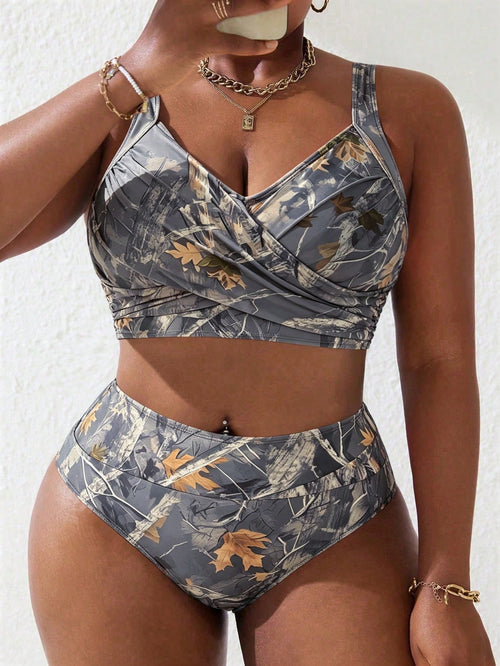 Slaydiva Plus Size Women 2pcs Leaf Print Overlap Ruched Cami Tank Top & Bikini Bottom Swimsuit Set, Summer Beach Vacation