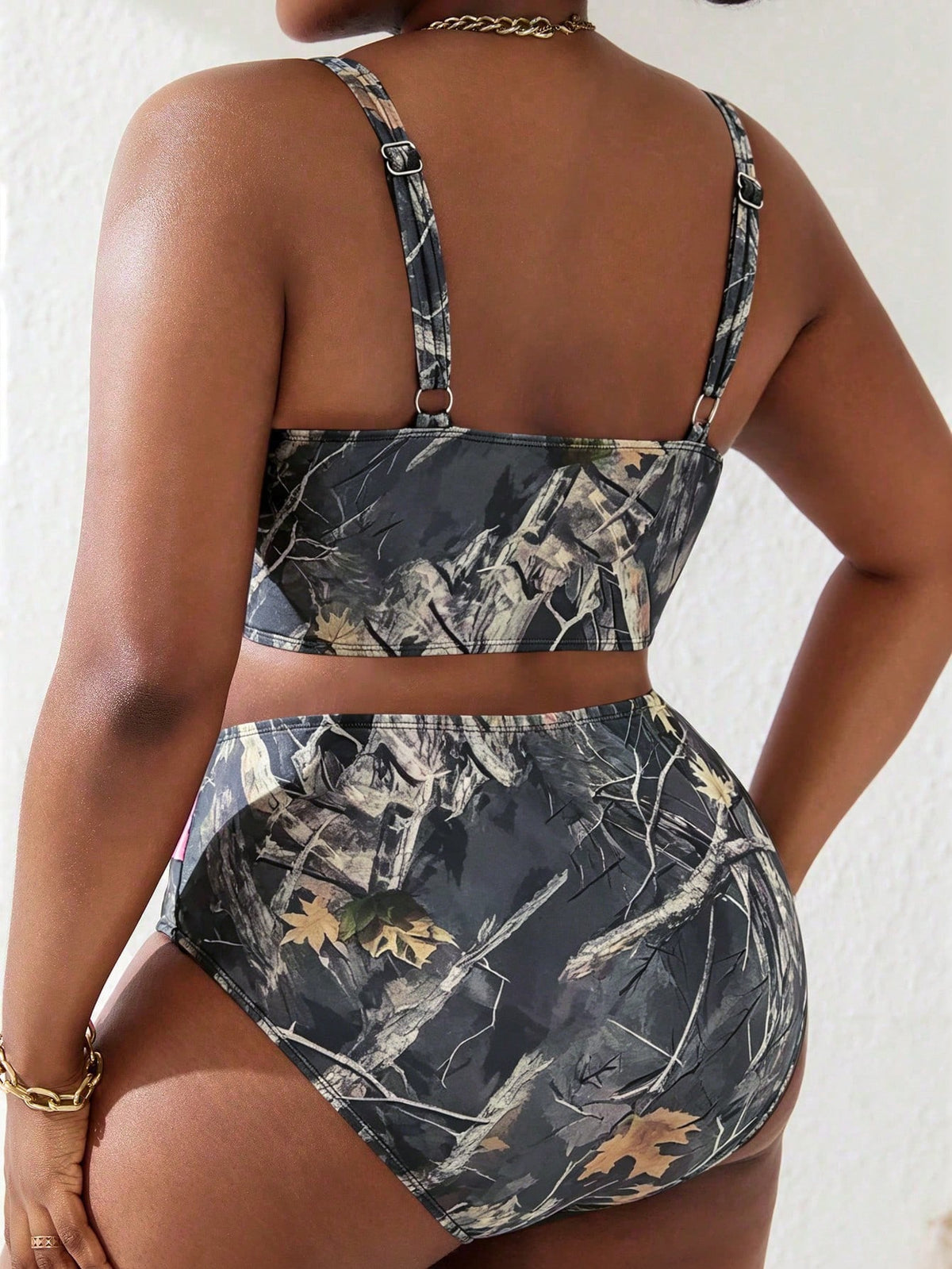 Slaydiva Plus Size Women 2pcs Leaf Print Overlap Ruched Cami Tank Top & Bikini Bottom Swimsuit Set, Summer Beach Vacation