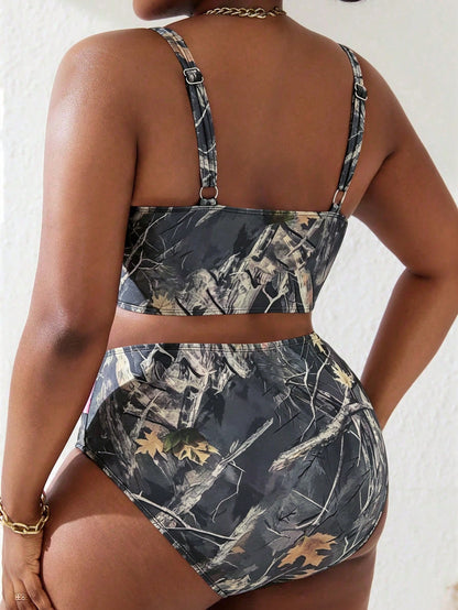 Slaydiva Plus Size Women 2pcs Leaf Print Overlap Ruched Cami Tank Top & Bikini Bottom Swimsuit Set, Summer Beach Vacation