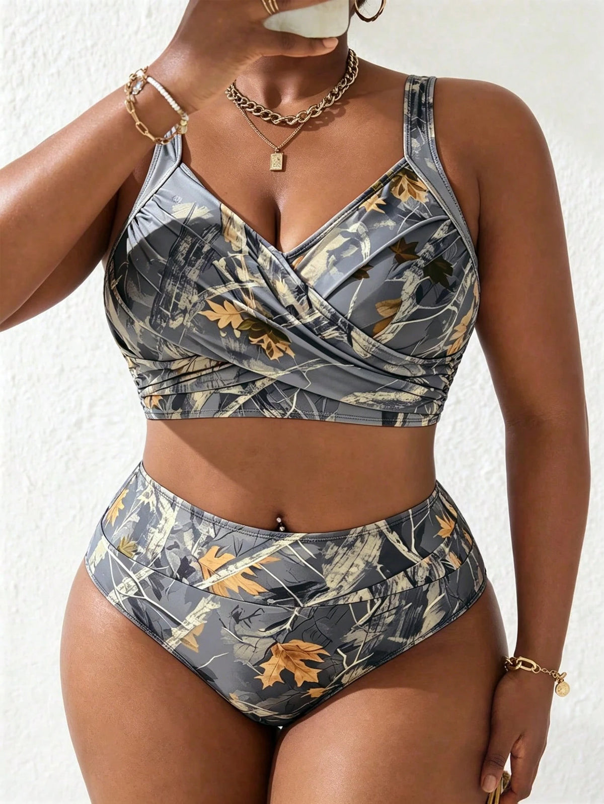 Slaydiva Plus Size Women 2pcs Leaf Print Overlap Ruched Cami Tank Top & Bikini Bottom Swimsuit Set, Summer Beach Vacation