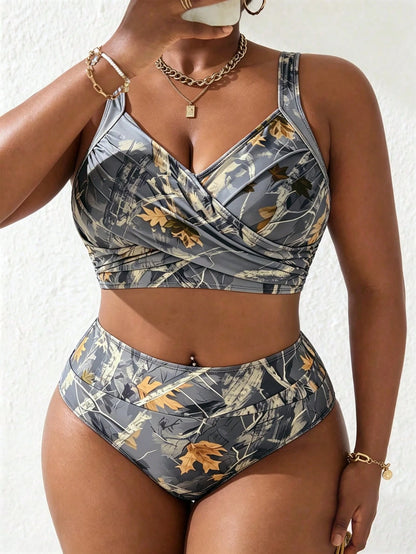 Slaydiva Plus Size Women 2pcs Leaf Print Overlap Ruched Cami Tank Top & Bikini Bottom Swimsuit Set, Summer Beach Vacation