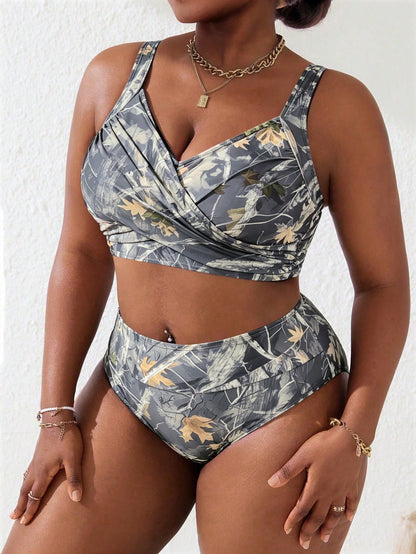 Slaydiva Plus Size Women 2pcs Leaf Print Overlap Ruched Cami Tank Top & Bikini Bottom Swimsuit Set, Summer Beach Vacation