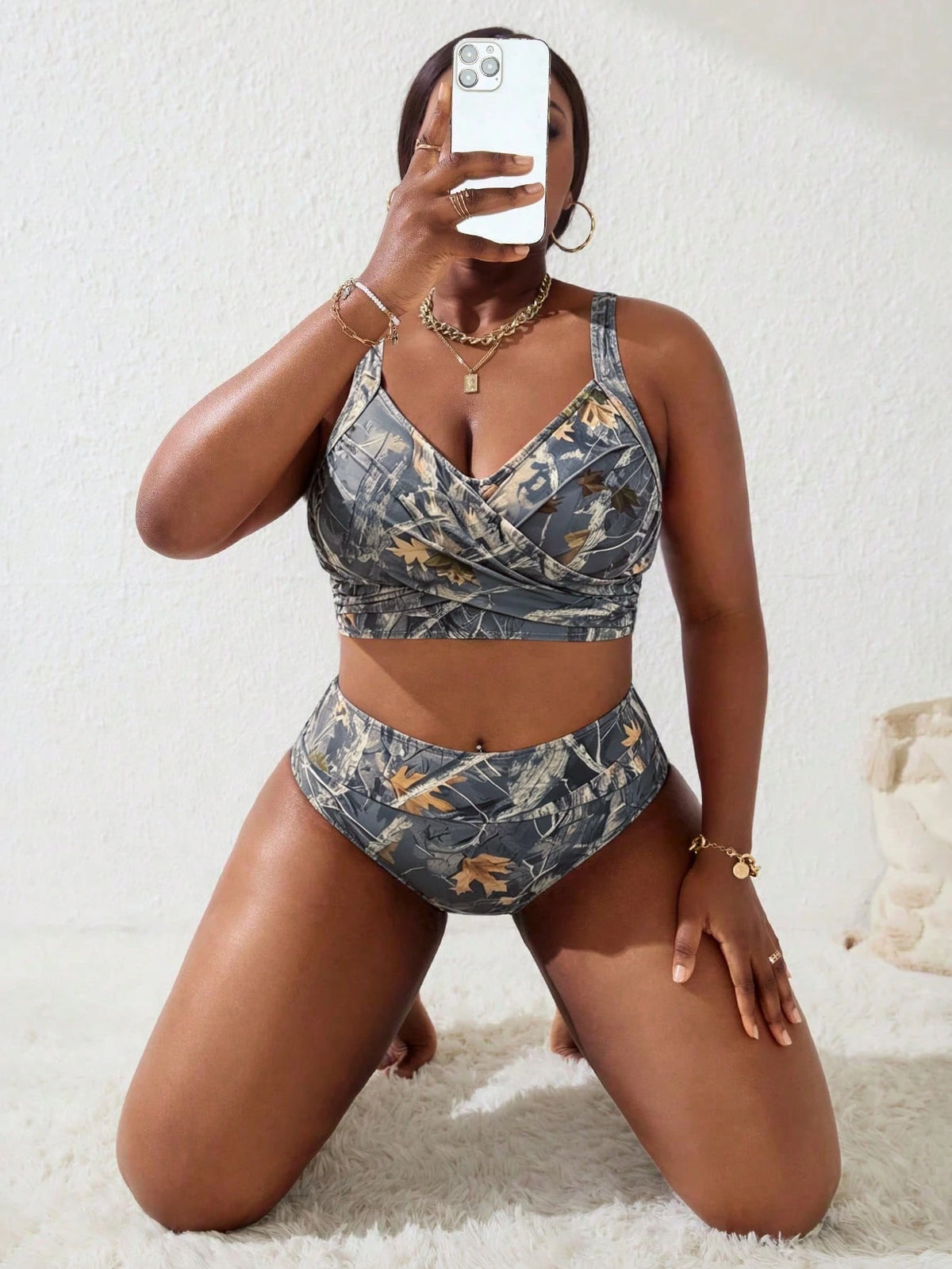 Slaydiva Plus Size Women 2pcs Leaf Print Overlap Ruched Cami Tank Top & Bikini Bottom Swimsuit Set, Summer Beach Vacation