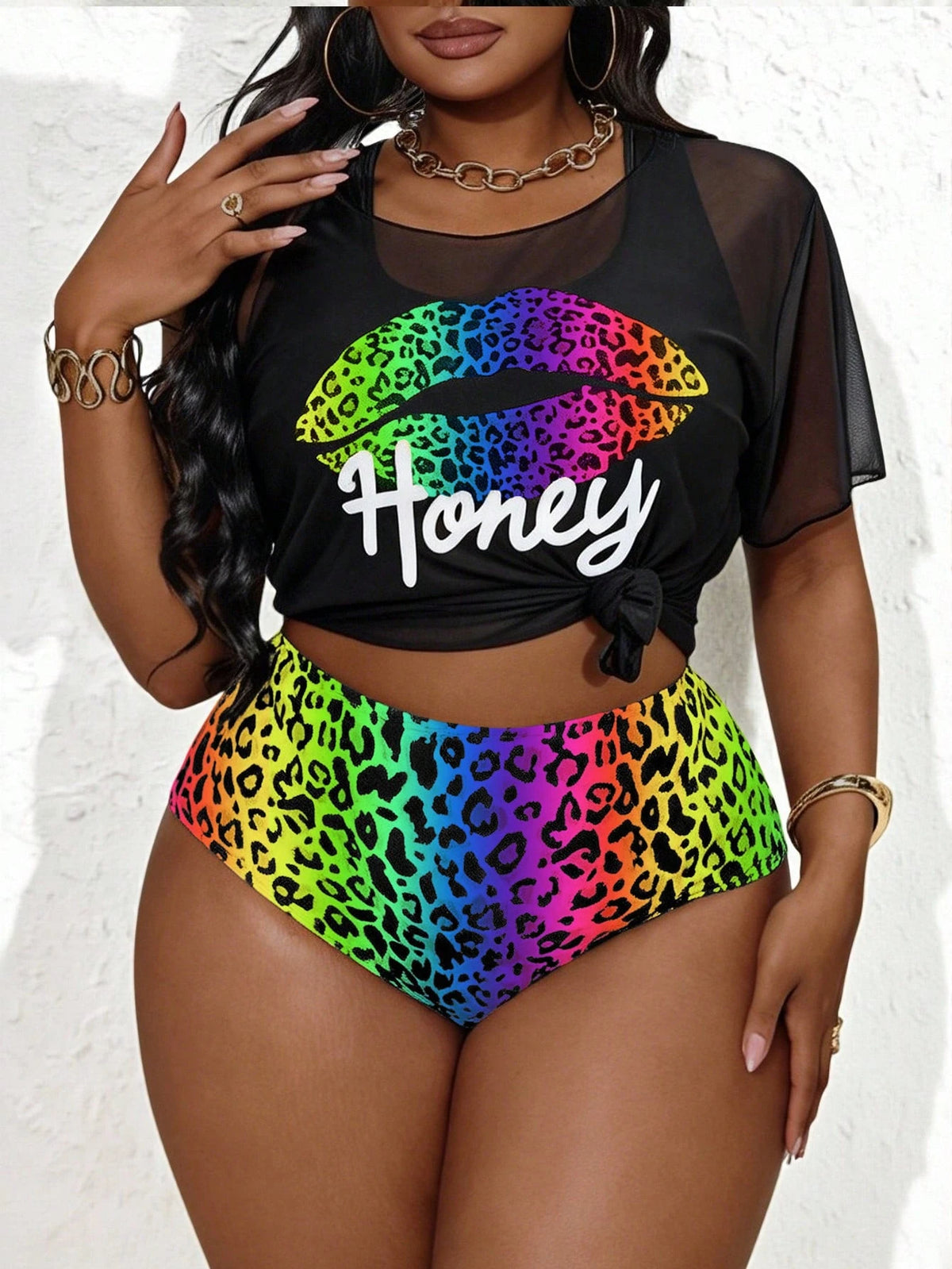 Slaydiva Plus Size Women 3pcs Set White Black Print Hoodie Top Camisole Bikini Swimwear Set Beach Summer Sexy