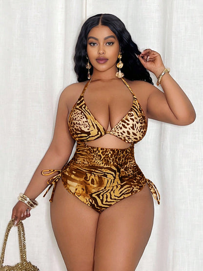Slaydiva Plus Size Women Leopard Print Triangle Top And Tie Side Bottoms One-Piece Swimsuit For Beach Vacation