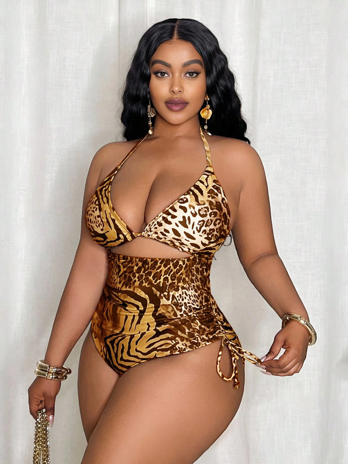 Slaydiva Plus Size Women Leopard Print Triangle Top And Tie Side Bottoms One-Piece Swimsuit For Beach Vacation