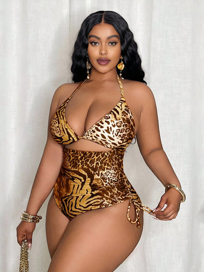 Slaydiva Plus Size Women Leopard Print Triangle Top And Tie Side Bottoms One-Piece Swimsuit For Beach Vacation