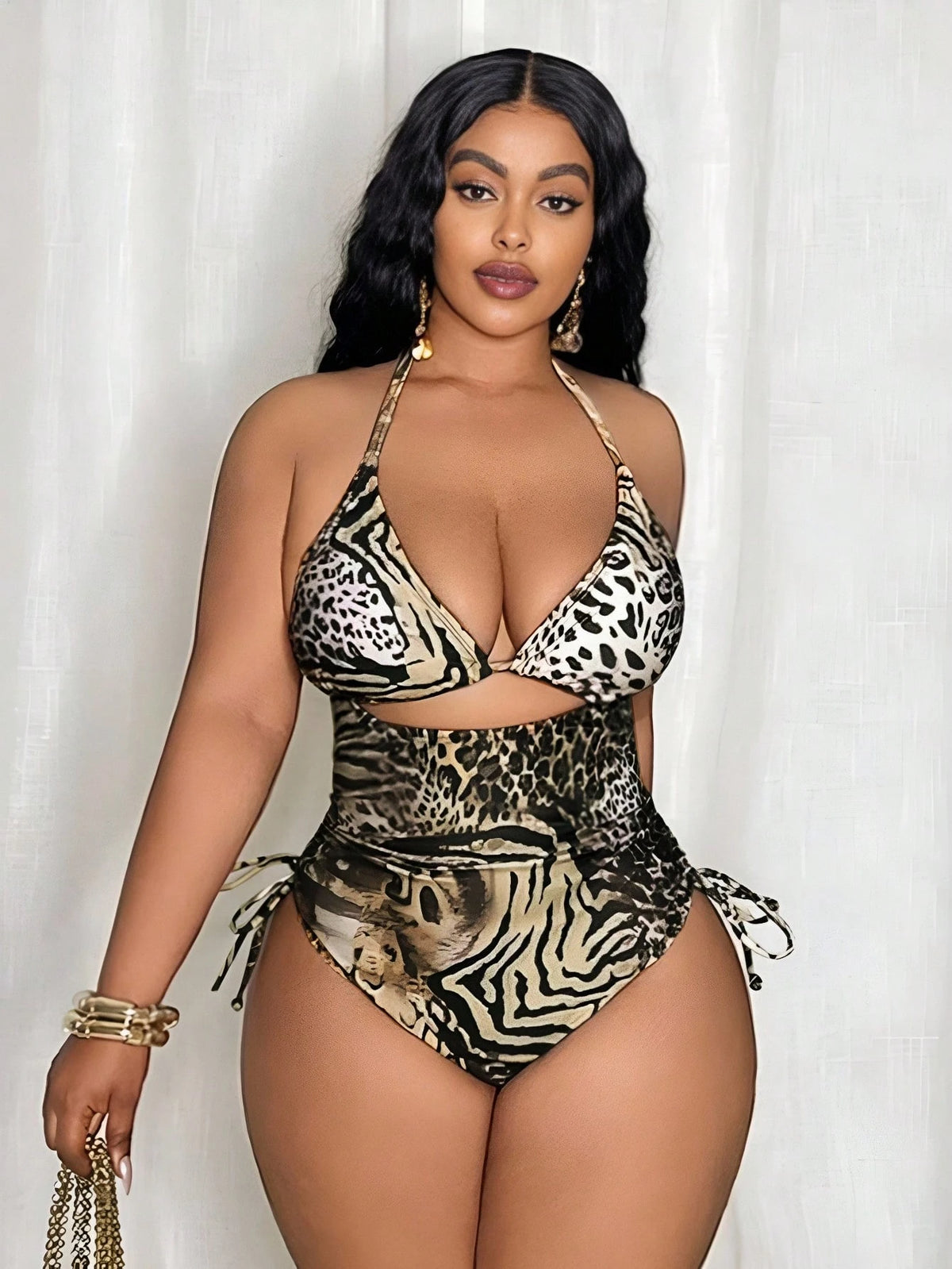 Slaydiva Plus Size Women Leopard Print Triangle Top And Tie Side Bottoms One-Piece Swimsuit For Beach Vacation