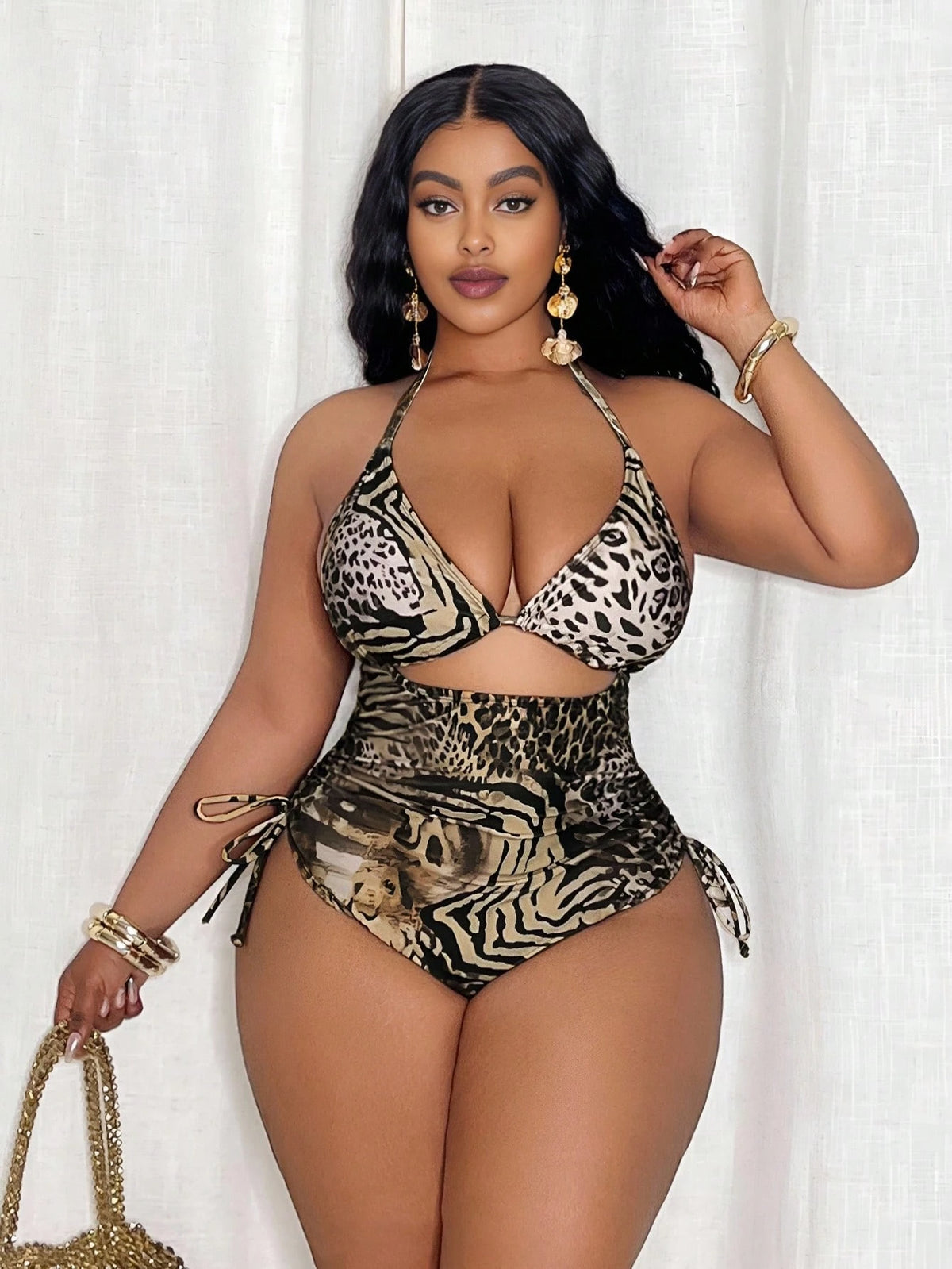 Slaydiva Plus Size Women Leopard Print Triangle Top And Tie Side Bottoms One-Piece Swimsuit For Beach Vacation