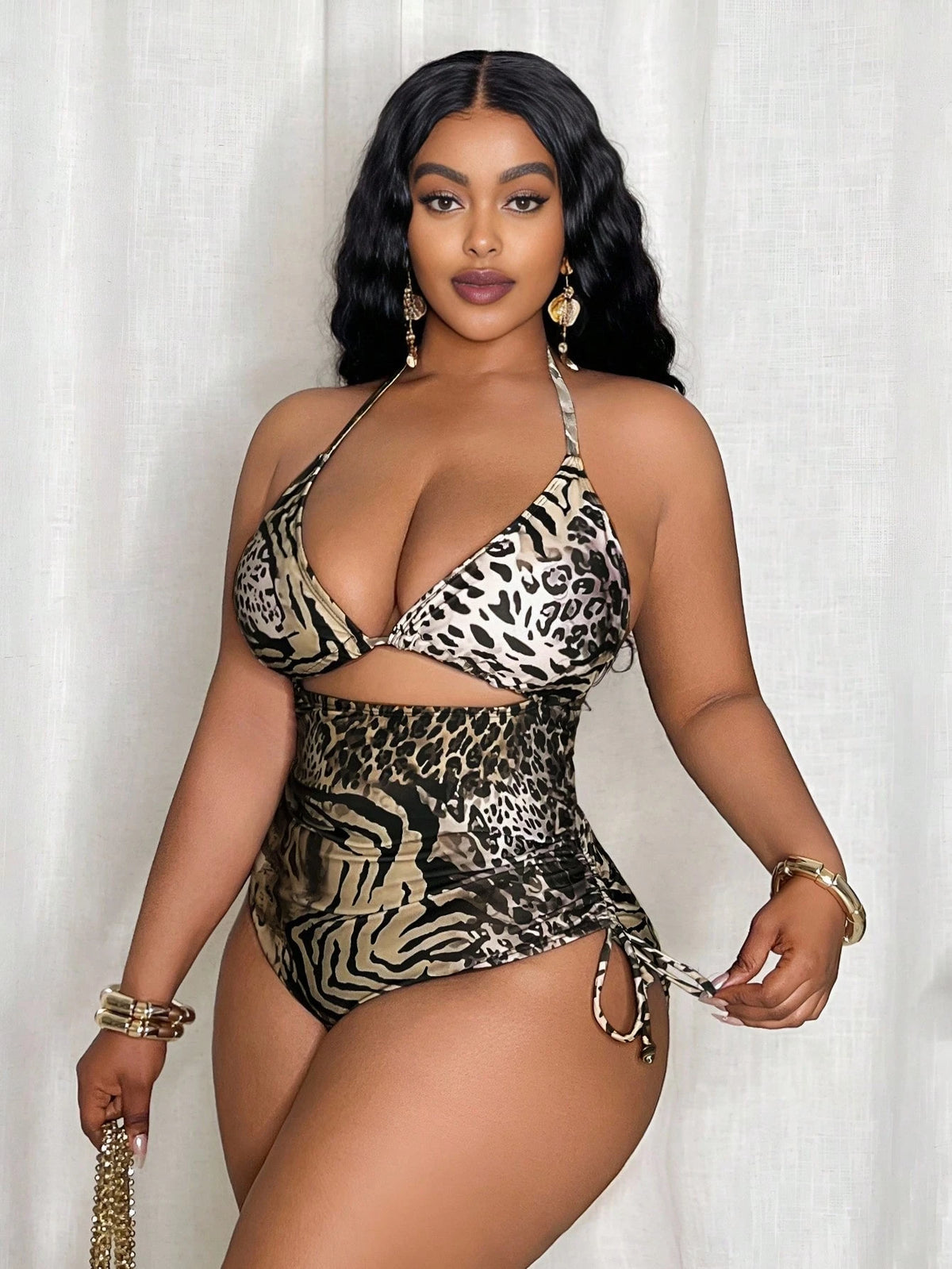 Slaydiva Plus Size Women Leopard Print Triangle Top And Tie Side Bottoms One-Piece Swimsuit For Beach Vacation