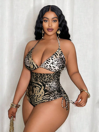 Slaydiva Plus Size Women Leopard Print Triangle Top And Tie Side Bottoms One-Piece Swimsuit For Beach Vacation