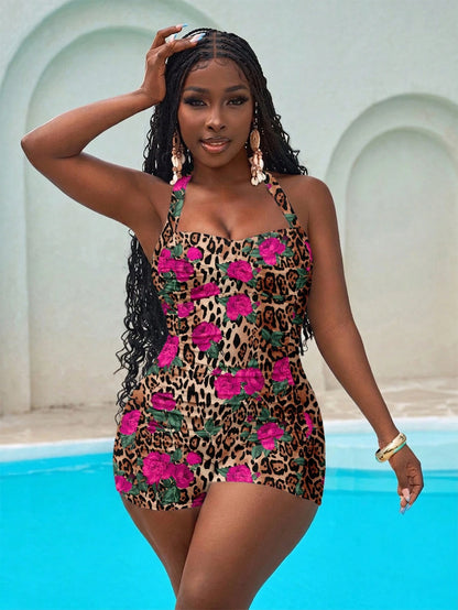 Slaydiva Plus Size Women's Leopard Print Floral Print Halter Neck Tie One-Piece Short Swimsuit, Suitable For Beach Vacation, Pool Party, Beach Party
