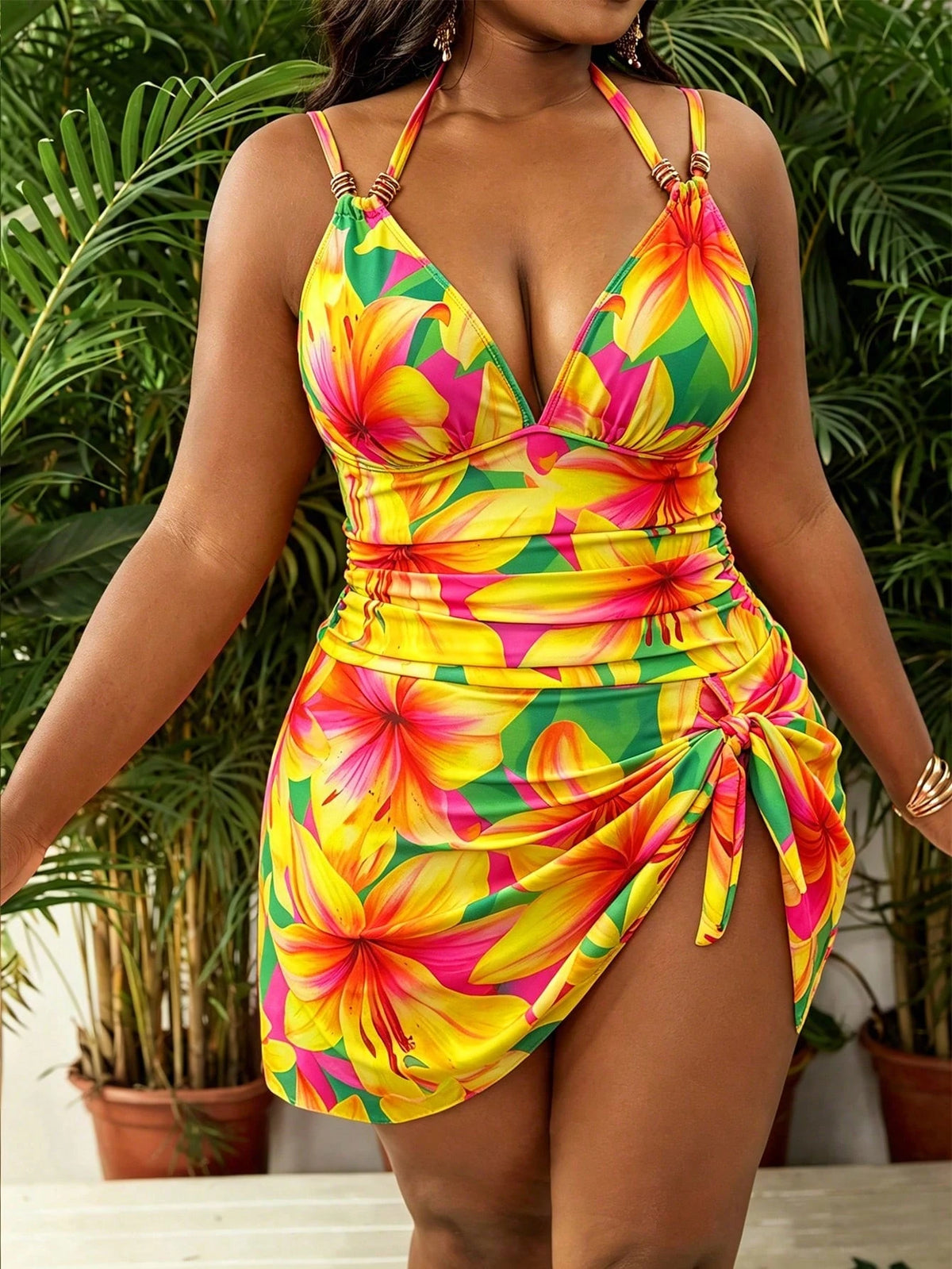 Slaydiva Plus Size Women's Yellow Floral Spaghetti Strap Ruched Long Dress Bodysuit,Sage Green,Summer,Boho,Elegant,Beach,Holiday Fashionable Resort Swimwear