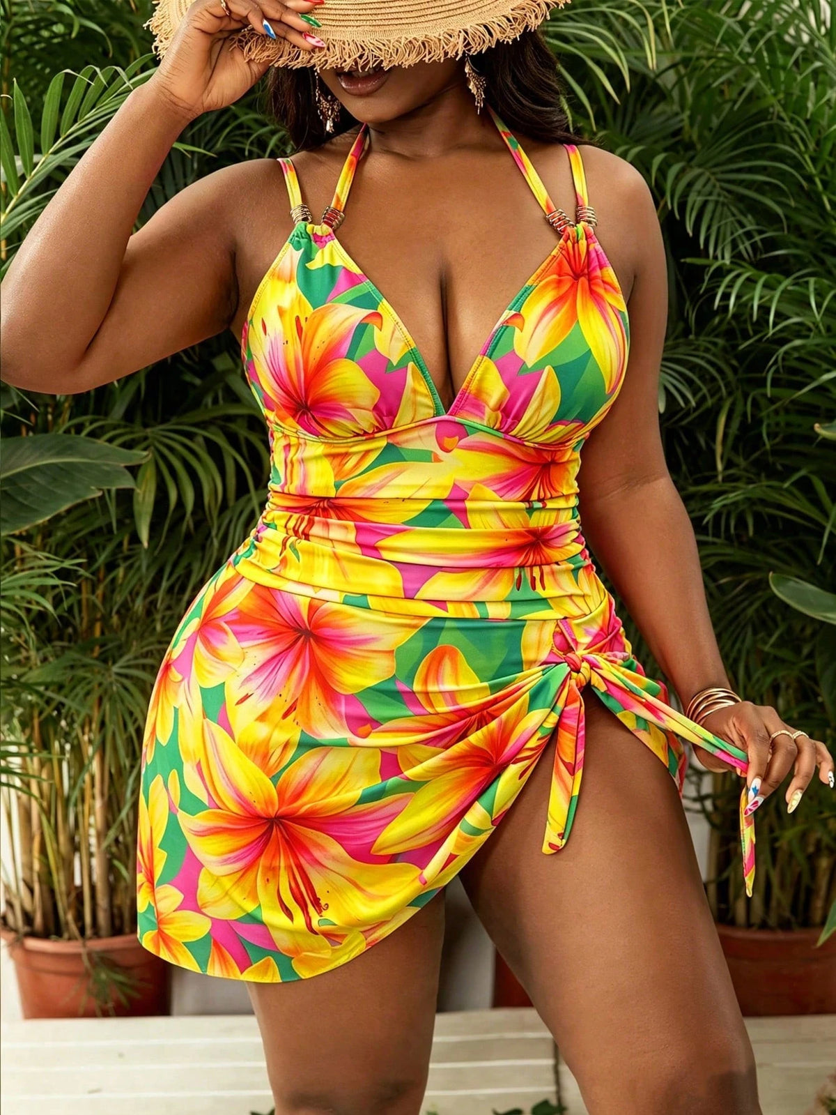 Slaydiva Plus Size Women's Yellow Floral Spaghetti Strap Ruched Long Dress Bodysuit,Sage Green,Summer,Boho,Elegant,Beach,Holiday Fashionable Resort Swimwear