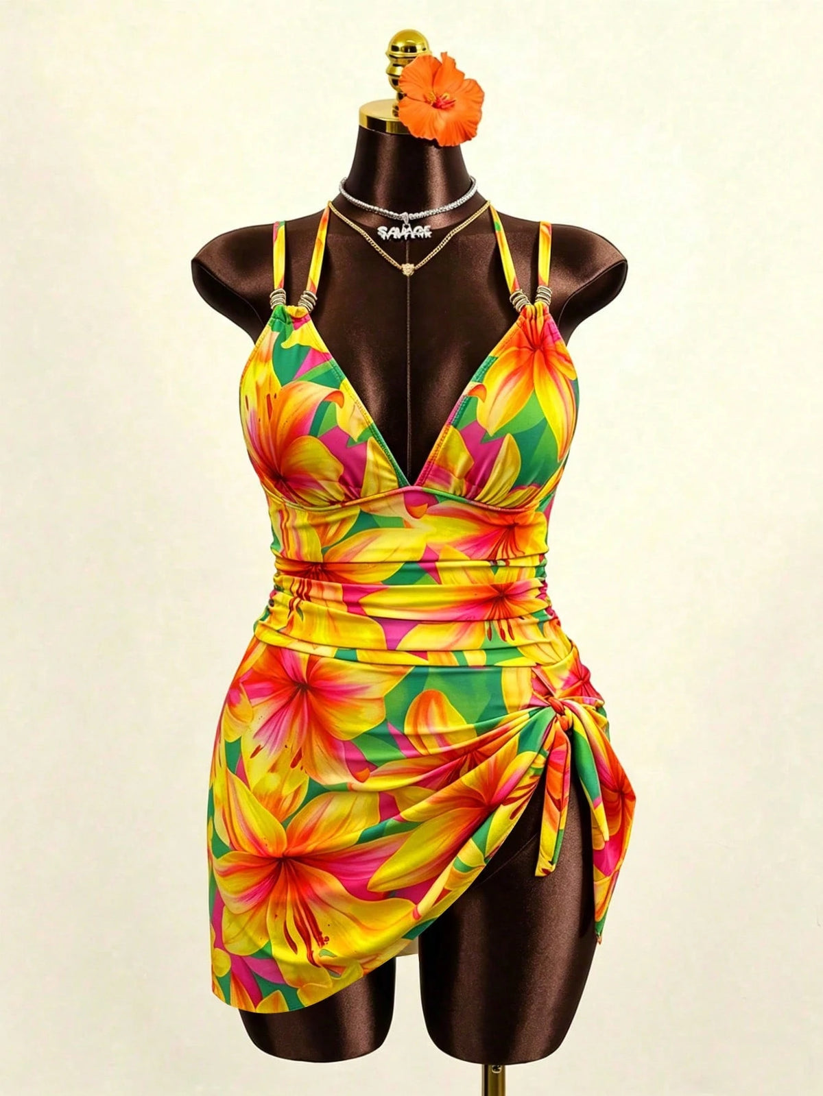 Slaydiva Plus Size Women's Yellow Floral Spaghetti Strap Ruched Long Dress Bodysuit,Sage Green,Summer,Boho,Elegant,Beach,Holiday Fashionable Resort Swimwear