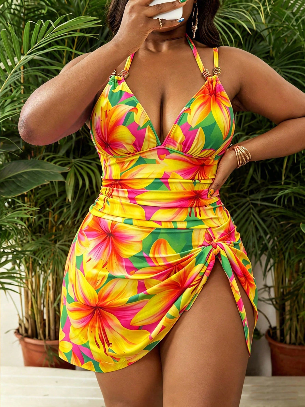 Slaydiva Plus Size Women's Yellow Floral Spaghetti Strap Ruched Long Dress Bodysuit,Sage Green,Summer,Boho,Elegant,Beach,Holiday Fashionable Resort Swimwear