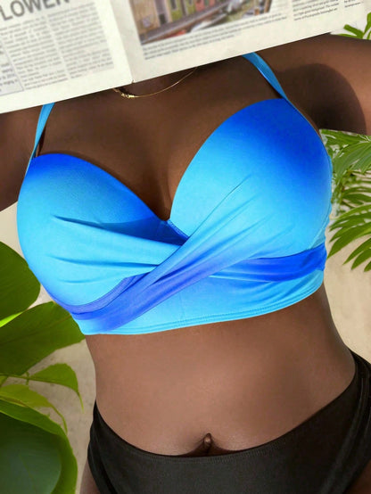 Slaydiva Plus Summer Beach Twist Front Ombre Blue Bikini Top