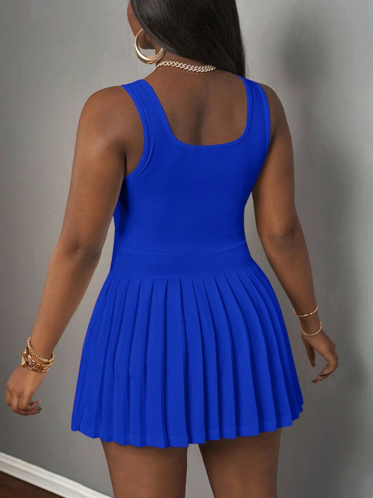 Slaydiva Royal Blue Summer Casual Occasion Women's Knitted Mini Dress,U-Neck Racer Vest Pleated Skirt With Shorts Culottes,Simple Spring Summer Basic Dresses