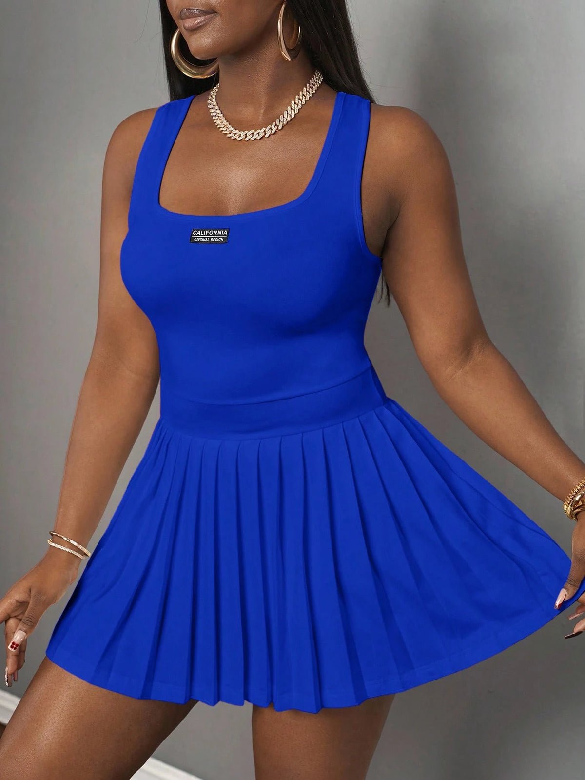 Slaydiva Royal Blue Summer Casual Occasion Women's Knitted Mini Dress,U-Neck Racer Vest Pleated Skirt With Shorts Culottes,Simple Spring Summer Basic Dresses