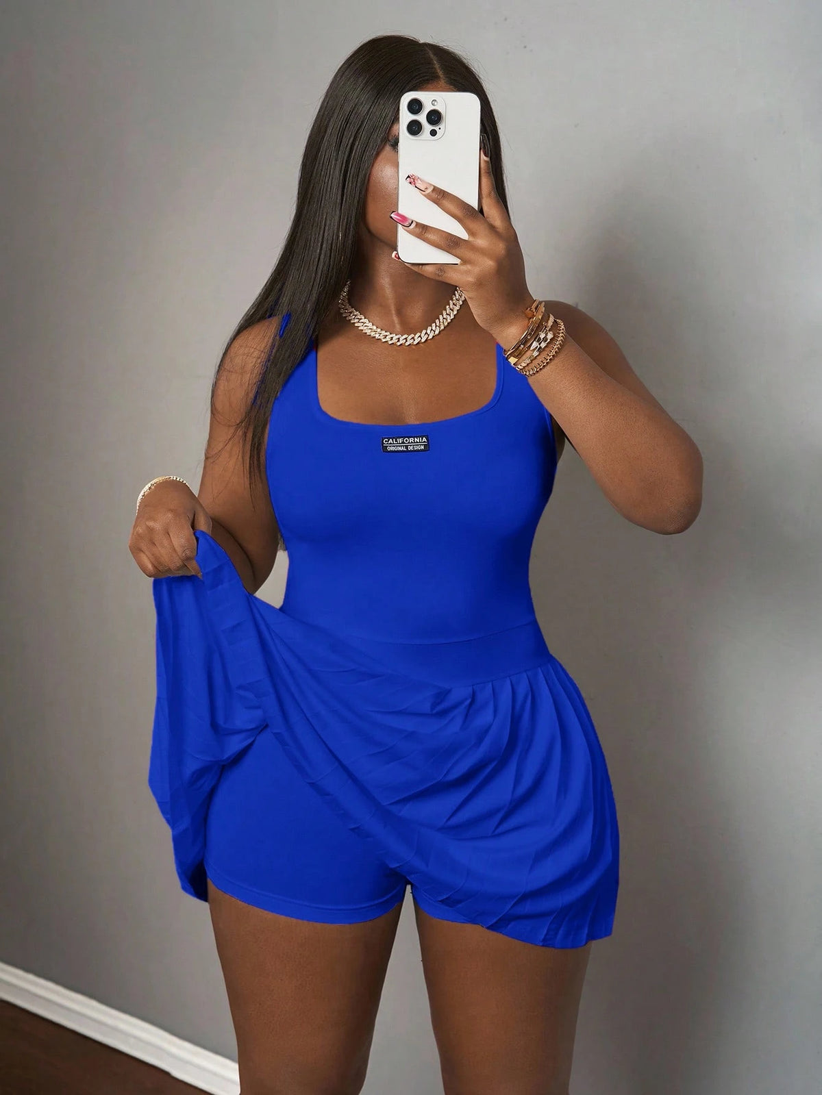 Slaydiva Royal Blue Summer Casual Occasion Women's Knitted Mini Dress,U-Neck Racer Vest Pleated Skirt With Shorts Culottes,Simple Spring Summer Basic Dresses