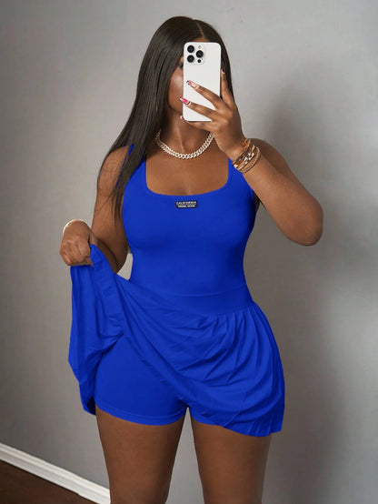 Slaydiva Royal Blue Summer Casual Occasion Women's Knitted Mini Dress,U-Neck Racer Vest Pleated Skirt With Shorts Culottes,Simple Spring Summer Basic Dresses