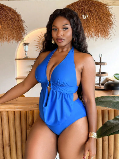 Slaydiva Royal Blue Summer Elegant Beach Holiday Women's Plus Size One-Piece Swimwear,Halter Deep V Neckline Metal Buckle Cutout Design,Waist Ruching