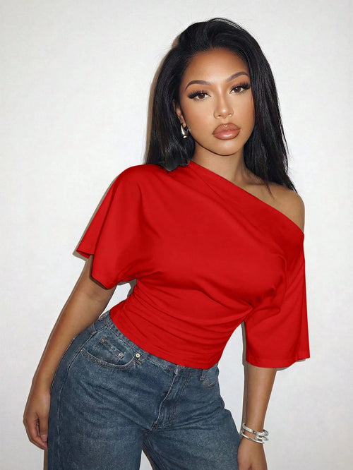 Slaydiva Spring/Summer Vacation Beachfront Elegant Party Date Birthday Casual Off-Shoulder Loose Fit Waist Pleated White T-Shirt Top-A,Summer Top