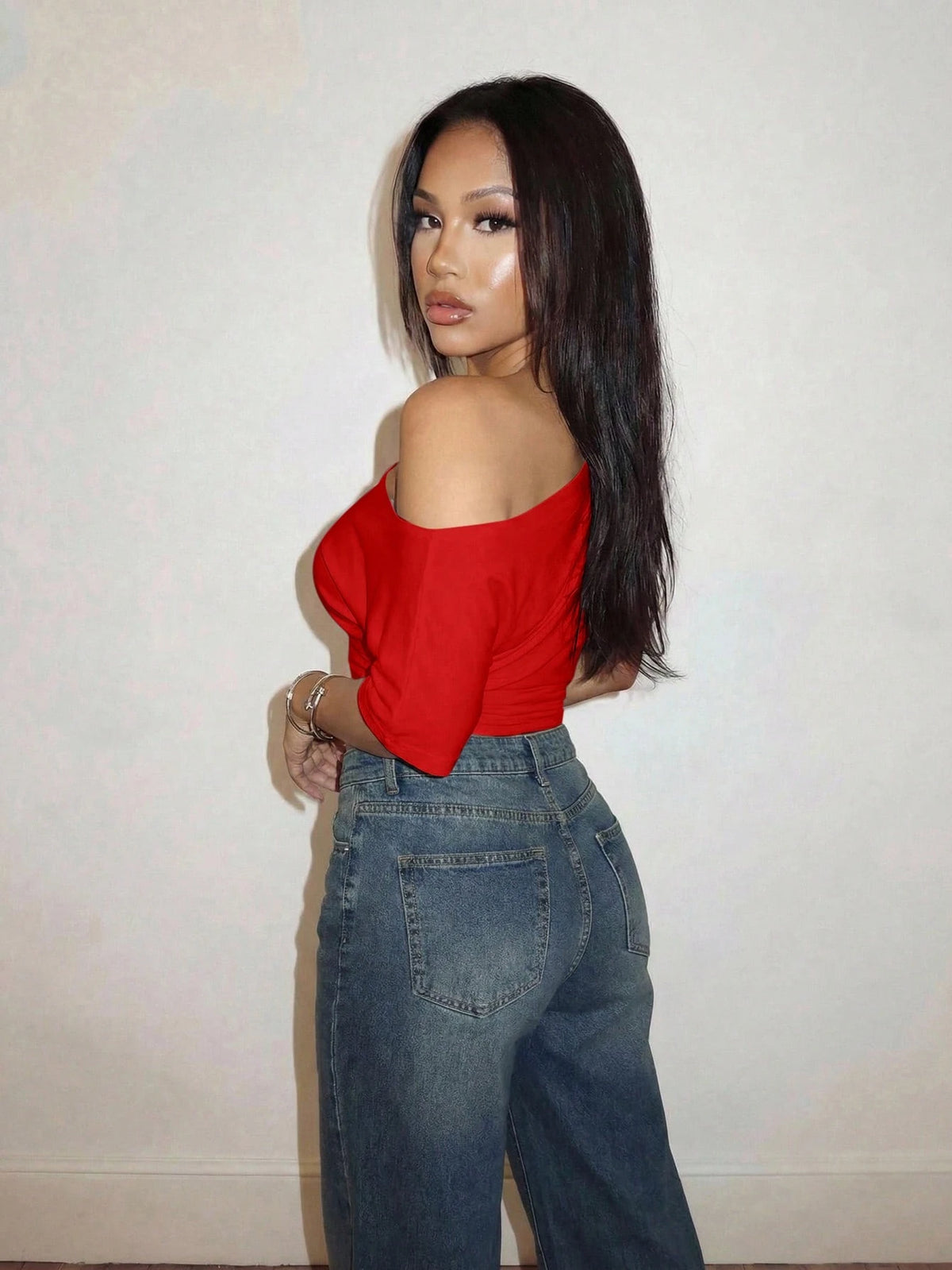 Slaydiva Spring/Summer Vacation Beachfront Elegant Party Date Birthday Casual Off-Shoulder Loose Fit Waist Pleated White T-Shirt Top-A,Summer Top