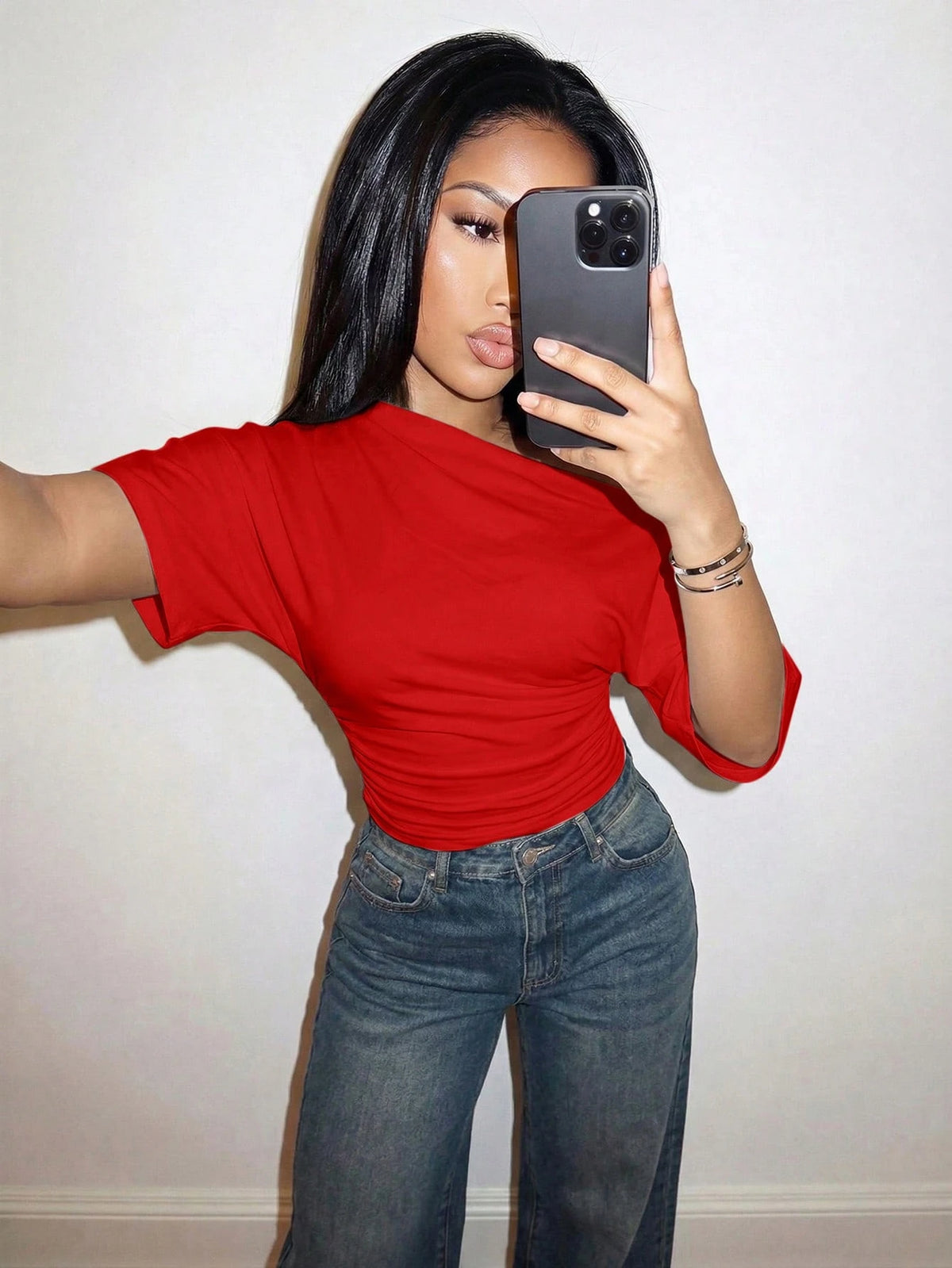 Slaydiva Spring/Summer Vacation Beachfront Elegant Party Date Birthday Casual Off-Shoulder Loose Fit Waist Pleated White T-Shirt Top-A,Summer Top