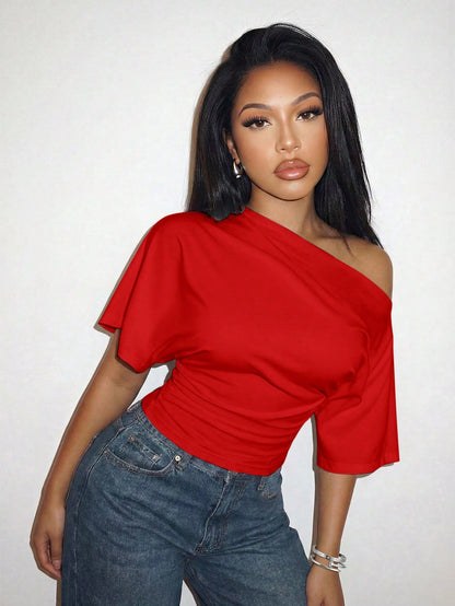 Slaydiva Spring/Summer Vacation Beachfront Elegant Party Date Birthday Casual Off-Shoulder Loose Fit Waist Pleated White T-Shirt Top-A,Summer Top