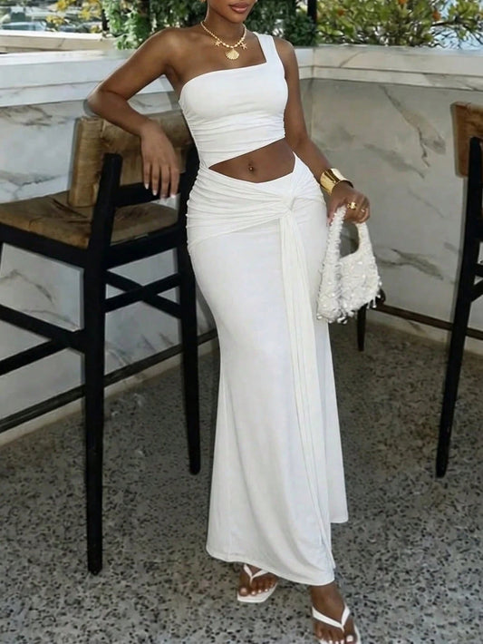 Slaydiva White, Summer, Elegant, Seksi Chic, Vacation Dinner One Shoulder Long Dress For Women, Bohemian Lace-Up Crop Waist Fitted Fishtail Birthday Outfits