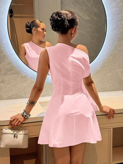 Slaydiva Women's Light Pink Summer Elegant Party Night One-Shoulder Tie-Waist A-Line Mini Dress,Wedding Guest Attire,Vacation,Beach,Casual,Boho-B Dress