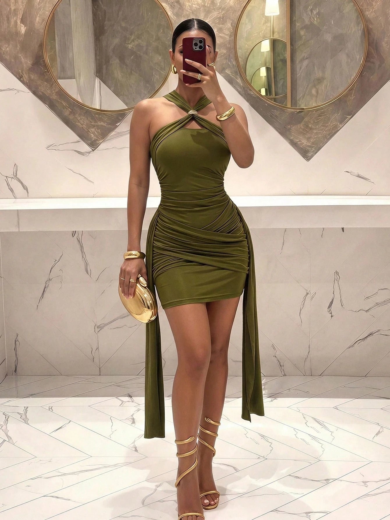 Slaydiva Women's Olive Green Halter Neck Ruched Bodycon Mini Dress With Long Sash Ties- Sexy Party Club Clubwear Summer