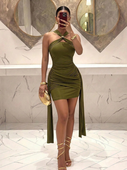 Slaydiva Women's Olive Green Halter Neck Ruched Bodycon Mini Dress With Long Sash Ties- Sexy Party Club Clubwear Summer
