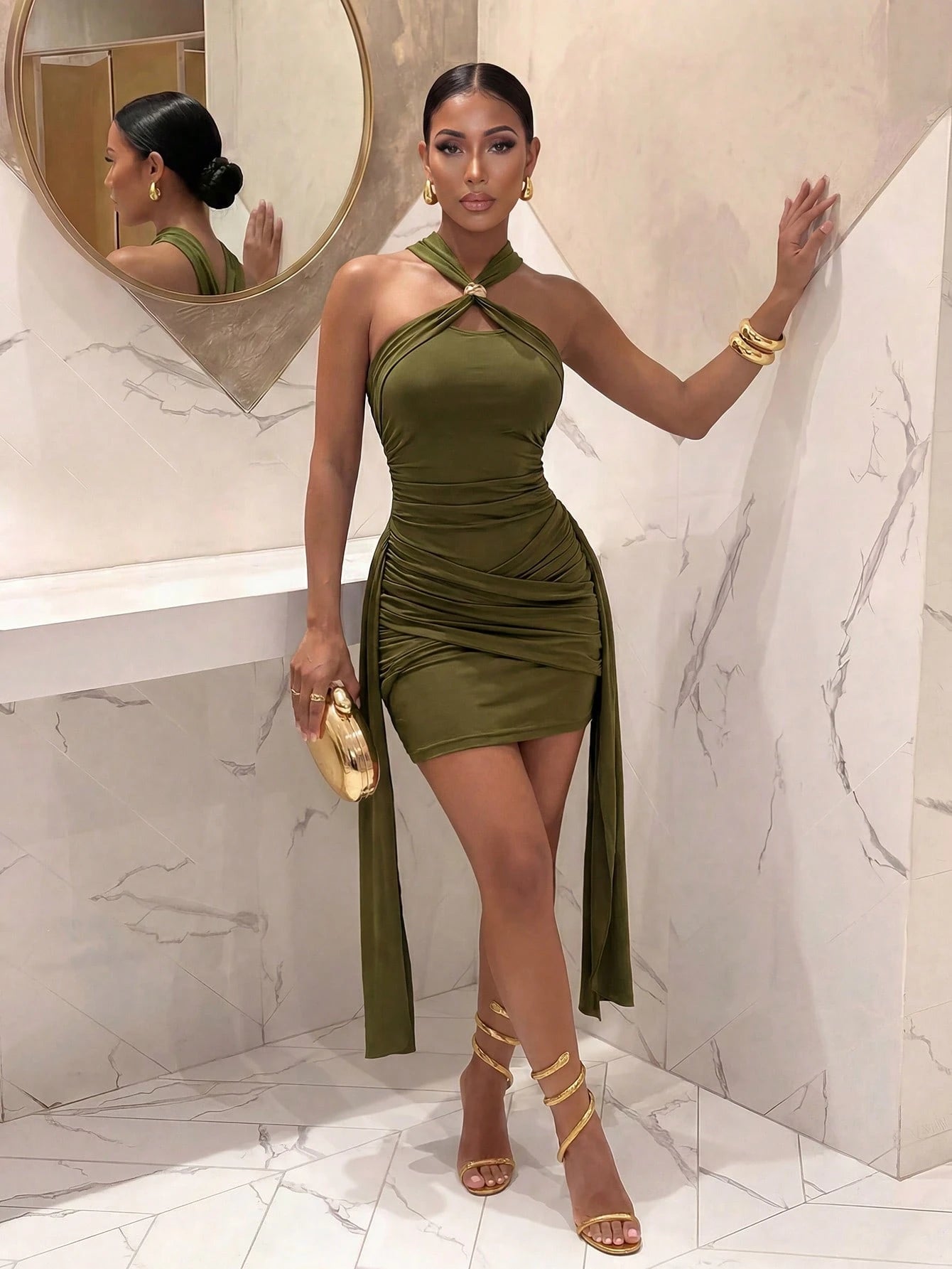 Slaydiva Women's Olive Green Halter Neck Ruched Bodycon Mini Dress With Long Sash Ties- Sexy Party Club Clubwear Summer
