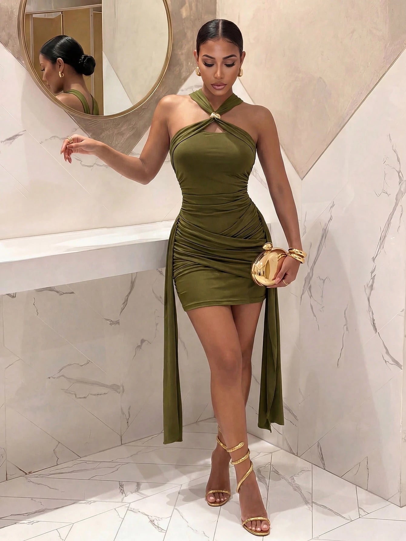 Slaydiva Women's Olive Green Halter Neck Ruched Bodycon Mini Dress With Long Sash Ties- Sexy Party Club Clubwear Summer