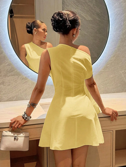 Slaydiva Women's Pale Yellow Summer Elegant Party Night One-Shoulder Tie-Waist A-Line Mini Dress,Vacation Wedding Guest Beach Casual Boho Commuting Fitted Wear