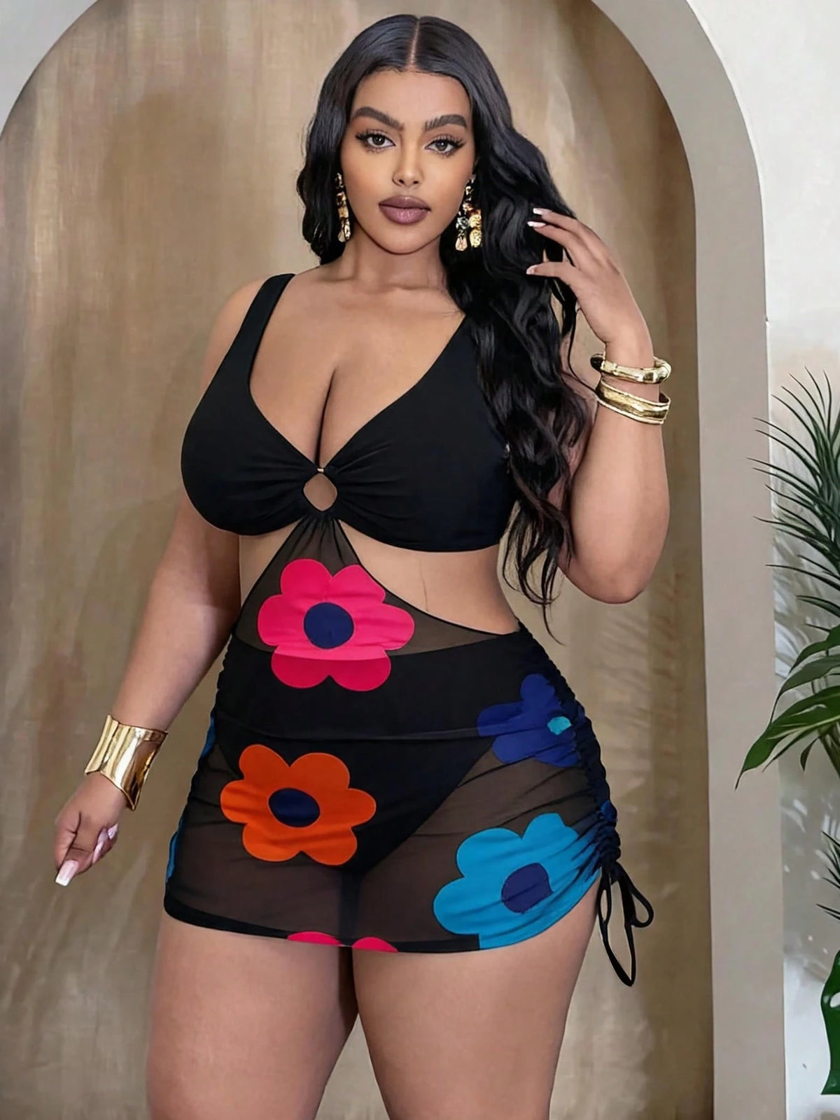 Slaydiva Women's Plus Size Leopard Print 2pcs Set Thick Strap Ring Front Waist Cutout Mesh Patchwork Hem Tank Bikini Swimsuit
