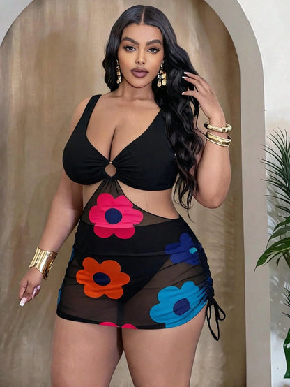 Slaydiva Women's Plus Size Leopard Print 2pcs Set Thick Strap Ring Front Waist Cutout Mesh Patchwork Hem Tank Bikini Swimsuit